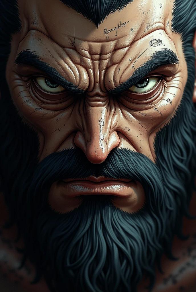 The realistic face of the character guts from the manga berserk