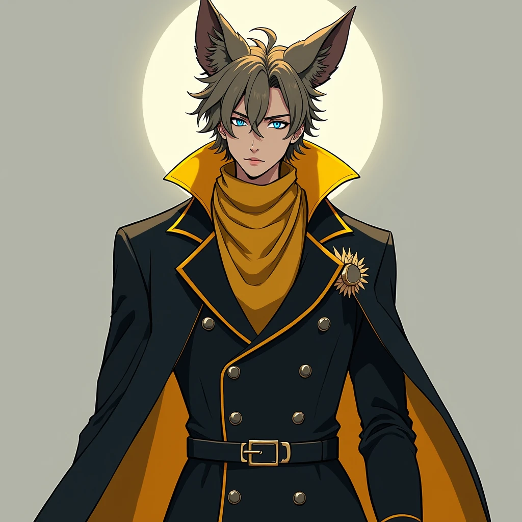 A handsome boy, foreground, of, And, man, tenure, And, sword, and, And, sword, by rubio, Anda bufanda triangular amarilla alreofdor of su cuello, And Andiforme militar ?????, orejas of zorro peludas (especialmente granof), inspired band Yang Jin, disfraz con tema of lAnda, disfraz of bruja astral, blue-gold pupils, man oflgado alquimista of fantasía, adoptable full body