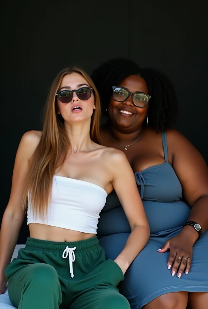 Create a photo of a 20 year old young woman, with a slender and beautiful body, wearing a short white strapless dress and wearing green sweatpants, with white and clear skin, with long light brown hair wearing sunglasses and making funny faces posing for a photo while having her strapless dress pulled down and sitting on her legs on a black woman&#39;s lap, with dark black skin, obese woman wearing glasses and wearing a blue dress in a square 