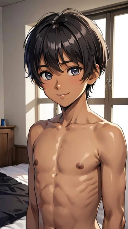 Highest quality、Realistic、、zoom、、man、cute、Light grey eyes、Black Hair、short hair、Tanned brown skin、Dark Skin、Shirtless and light blue briefs、Flat Chest、、thin、smile、bed、