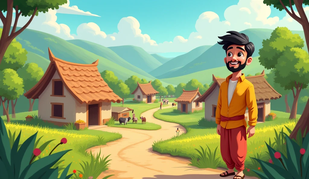 Create an cartoon image of a village and one farmer man wearing kurta and pyjama and he is young man 2