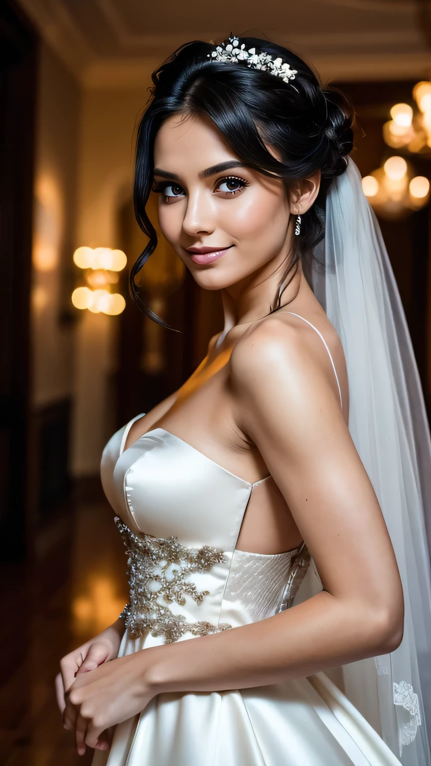 Realistic full body photo of a smiling black-haired woman with long hair, Updo, She dances in front of the camera in a long A-line wedding dress with straps made of shiny satin., Park,glamour fotoshooting, Wedding celebration, perfect anatomy, perfect brown eyes. Perfect hands with 5 fingers on each hand, Matching girl, looking at the camera, 1 Frau. (Eye make up:1.1), (highly detailed skin:1.1), spirit, analog style, keen focus, 8K  UHD, dslr, good quality, Fujifilm XT3, Grain, Award-winning, ​masterpiece. Wedding celebration