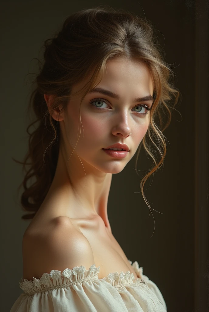a beautiful woman with flawless skin, piercing eyes, full lips, delicate facial features, elegant hairstyle, serene expression, masterpiece portrait, highly detailed, photorealistic, 8k, HDR, dramatic lighting, cinematic composition, warm color palette, oil painting aesthetic, classical Renaissance style, chiaroscuro lighting effect, timeless beauty