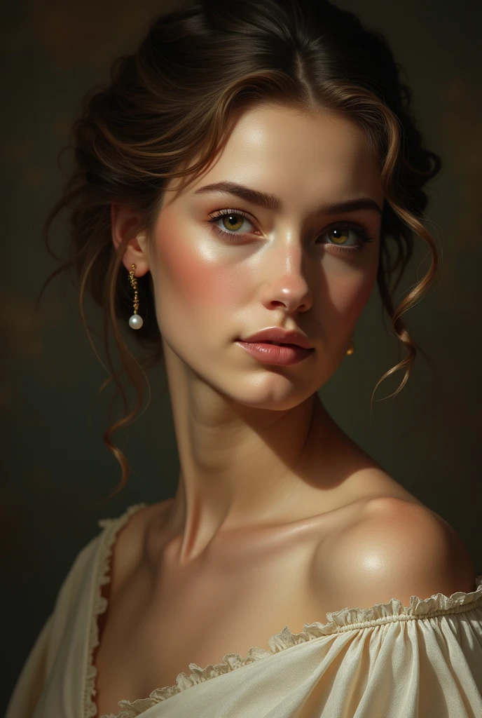 a beautiful woman with flawless skin, piercing eyes, full lips, delicate facial features, elegant hairstyle, serene expression, masterpiece portrait, highly detailed, photorealistic, 8k, HDR, dramatic lighting, cinematic composition, warm color palette, oil painting aesthetic, classical Renaissance style, chiaroscuro lighting effect, timeless beauty