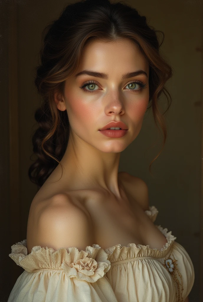 a beautiful woman with flawless skin, piercing eyes, full lips, delicate facial features, elegant hairstyle, serene expression, masterpiece portrait, highly detailed, photorealistic, 8k, HDR, dramatic lighting, cinematic composition, warm color palette, oil painting aesthetic, classical Renaissance style, chiaroscuro lighting effect, timeless beauty