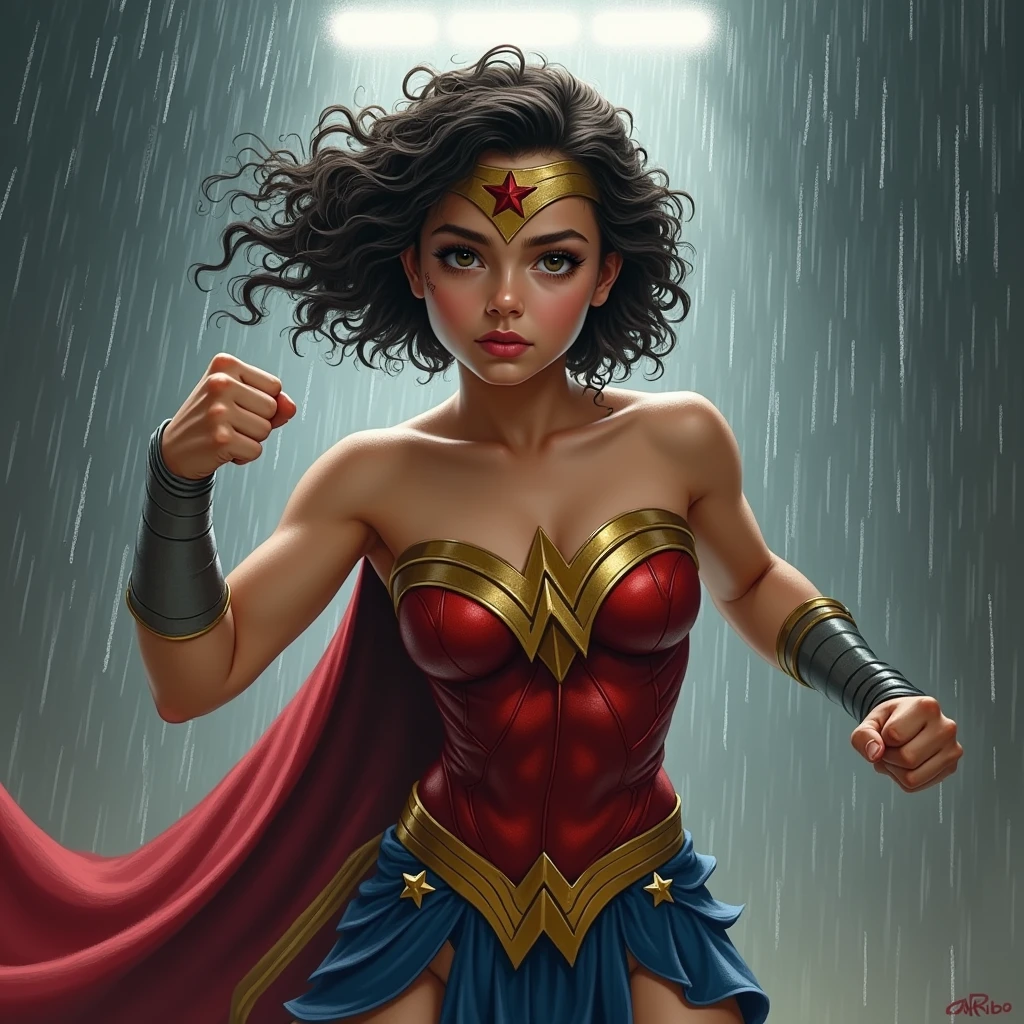 Beautiful woman heroine pose, costume Supergirl clothes glued together, body set hair in the wind