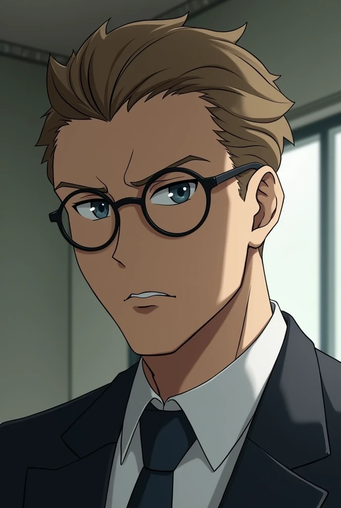 Nanami is a tall, well-built man with a serious demeanor. He is often seen wearing a suit and tie, which gives him a very professional appearance, reflecting his previous life as a salaryman. He has short, light brown hair that is neatly combed, and he wears distinctive round glasses with a darker frame. Nanami often has a stern or tired expression on his face, reinforcing his no-nonsense attitude.