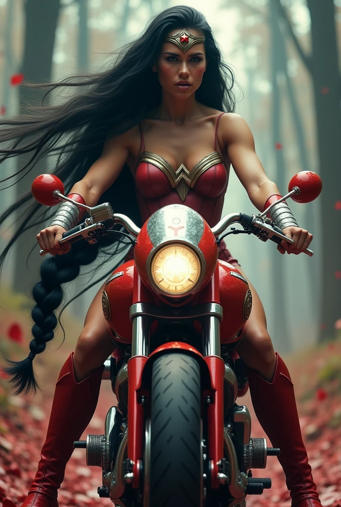 (((In extreme close-up, a beautiful woman riding a high-powered futuristic motorcycle))),(((Wonder Woman Scale Onesie (((Suit that covers your entire body))),(((Corset rojo Wonder Woman))),(((Black hair gathered in a braided ponytail))),((((Hair six feet long blowing in the wind)))Silver metal diaema with a red star on its forehead Long silver bracelets Long red boots above its knees Blood around it (((cursed cemetery))),(((Bloody and terrifying images of a high-displacement red motorcycle with Wonder Woman logos)))