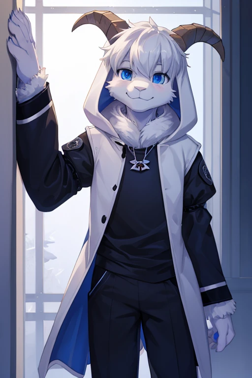 a boy, alone, Asriel, Undertale, smiling, blue Eskimo coat, tall, furry, blue eyes, black blouse with sleeves, dark pants, goat's paw, paw with metacarpal, short tail, hair, bangs on the right side.