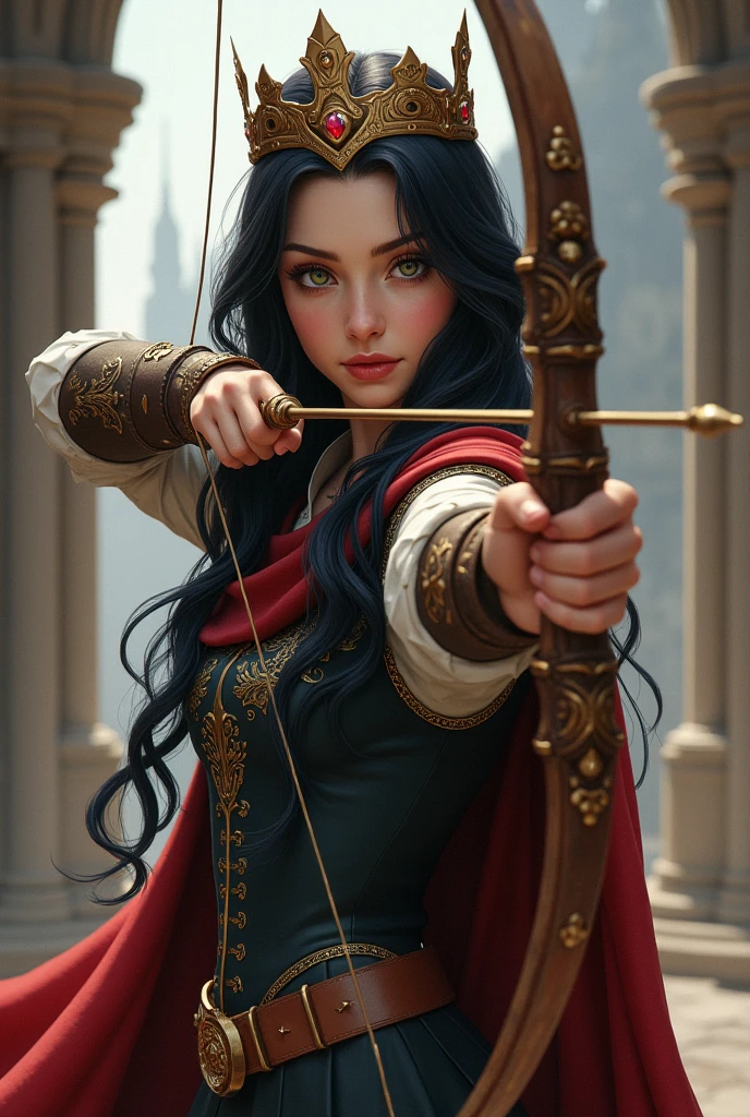 A girl with black hair, king, with a bow in her hair 
