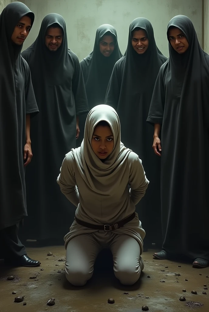 Show a Malay female kneeling down. Scared. Hands tied at back. Wearing hijab, skintight inner and leggings. Surrounded by many men smiling.