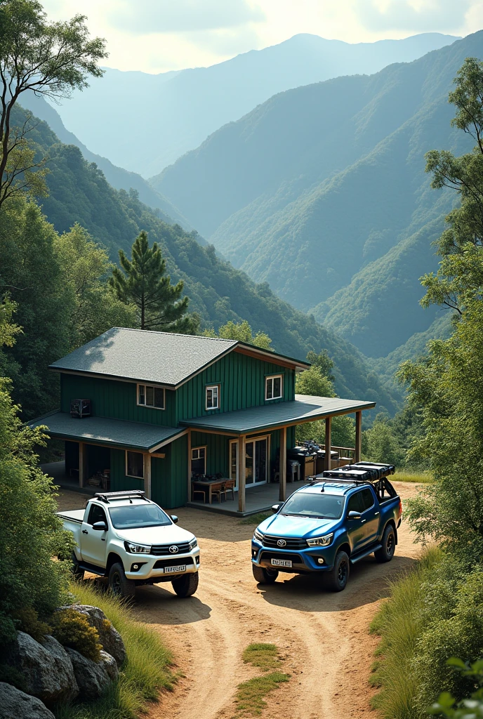 Green mountain house with barbecue area and dirt entrance on the mountain With 1 white modified Toyota Hilux parked And a blue Isuzu D-max 4x4 parked 