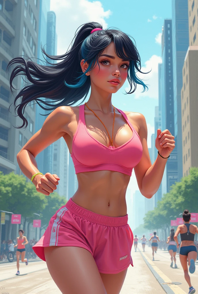 1 girl, solo, running, pink bra, big boobs, big ass, pink shorts, ponytail, athletic build, dynamic brushstrokes, fluid movement, capturing the essence of her athleticism and energy, using light colors and soft tones to create a dreamy and ethereal atmosphere, portraying the motion and grace of running, showing the wind blowing her ponytail and clothes, and the scenery of her surroundings, mixing black and blue hair.

outdoors, detailed background, Modern metropolis,