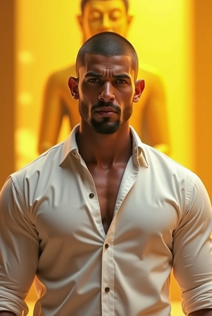 fking_scifi, fking_scifi_v2, portrait of a young, muscular extremely handsome and attractive Brazilian male model, in front of a waterfall, short windy hair, hairy tattooed body, colorful clothing and golden jewelry, close up, regal pose and attitude. fking_cinema_v2.