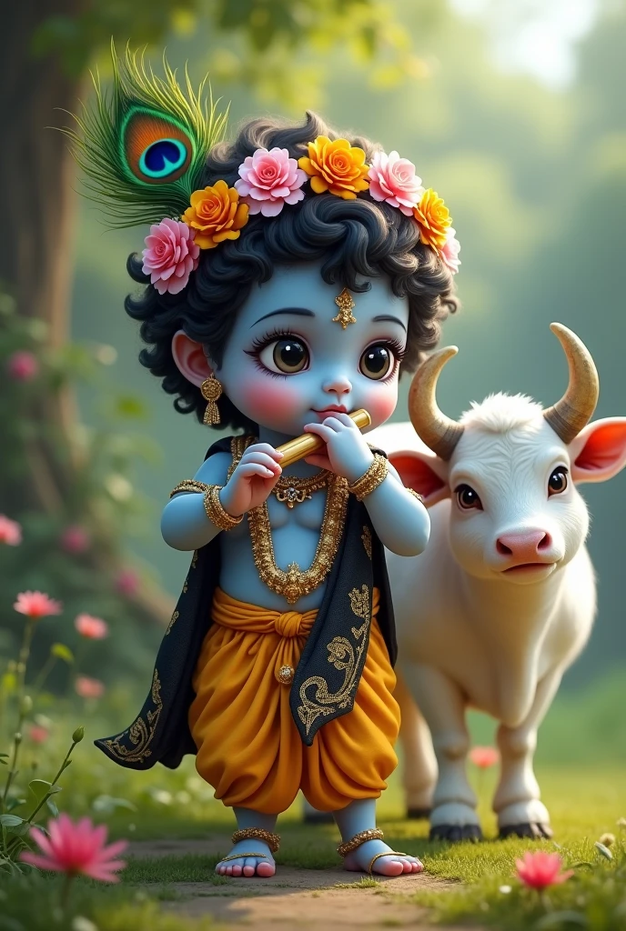 “Create an image of a  Krishna with a delicate, soft blue complexion, dressed in a traditional yellow dhoti and a black shawl adorned. He wears a garland of flowers on his head, including a peacock feather, and plays a flute with a serene expression. Krishna is standing next to a cow in green green ground.