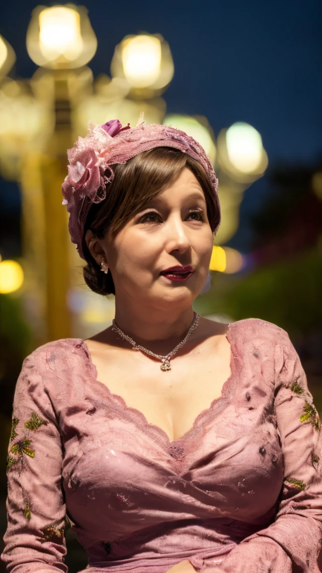 ((Night view, Realistic Light, Highest quality, 8k, masterpiece: 1.3)), 1 person, Slim body beauty: 1.4, Brown Hair, (big: 1.3), The plump body of a 4, (Victorian Cosplay: 1.3), (Large Breasts, Cleavage), Ultra detailed face, Detailed eyes, Disneyland, squirt, city, Cleavage, Slack, M Cup Breasts, Bell-shaped skirt, petticoat, Sweetheart Neck Neckline, Puff sleeves, Fine lace, Detailed embroidery, Accessories and matching headpieces, choker, Big shiny gem, ankle strap pumps, Mature woman, Royal Sister, sexy, Sweating, 肩までの長さのBrown Hairの女性,