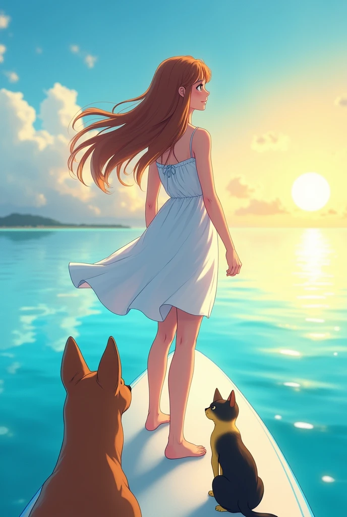 An anime style birthday invitation featuring a white woman, chestnut hair, smooth and long, very happy, with light energy, em cima de uma prancha de stand up paddle, with her brown waimaraner dog, and her little yellow and black cat looking at the horizon to see the sunrise over the sea.