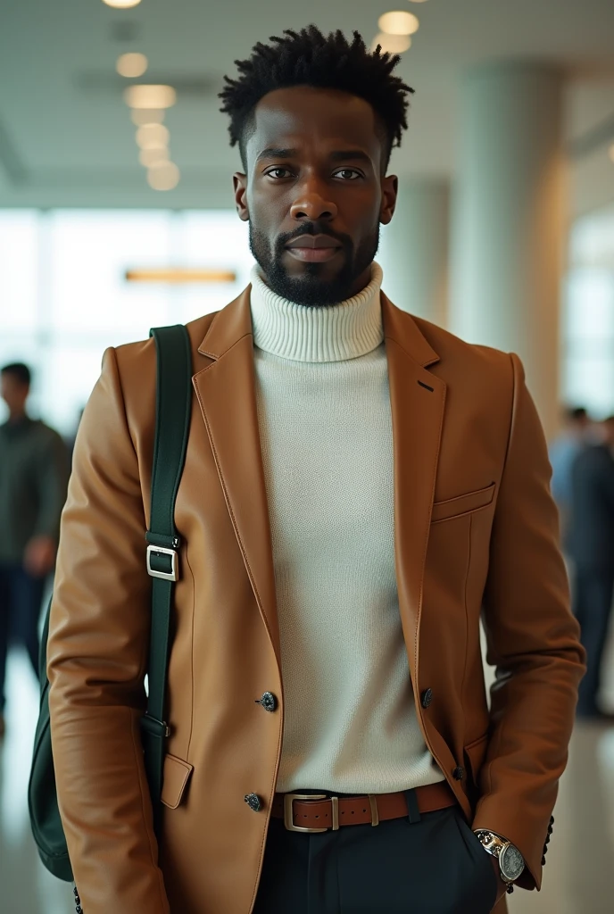 Strong forty year old black man, very elegant and sophisticated, with a goatee, knitted shirt with crew neck, white, Slim Italian cut genuine leather blazer jacket in coffee and sand colors, with green details, an inscription on the sleeve buttons with the letters DL Italian loafer shoes The model is at the airport check in