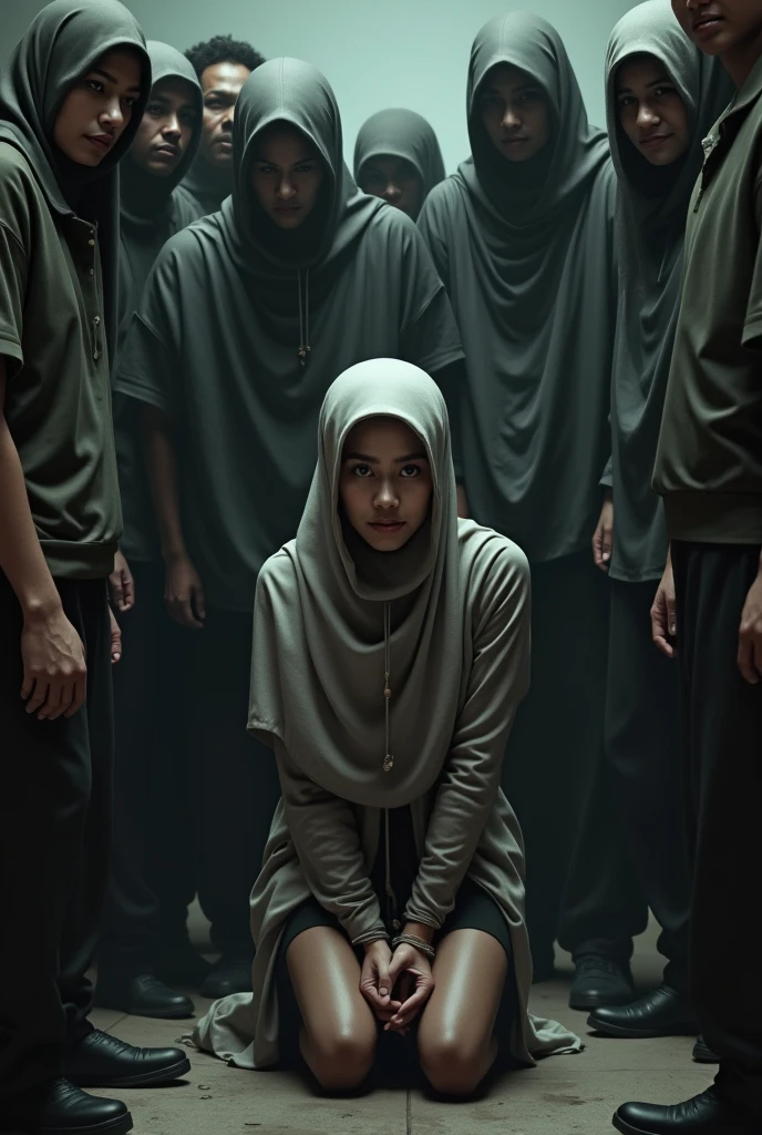 Show a Malay female kneeling down. Scared. Hands tied at back. Wearing hijab, skintight inner and leggings. Surrounded by many men smiling.
