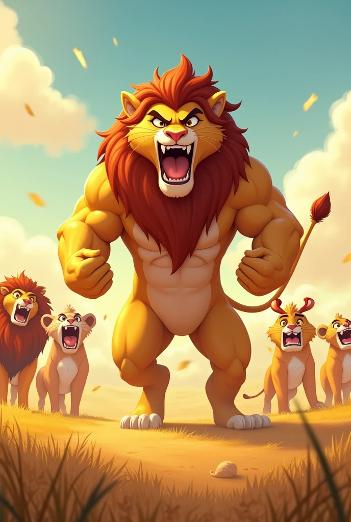 Detailed picture of a confident man anthro, (young Lion, big) taking a fighting pose on the middle of the savanna, roaring with his mouth wide open. trending on Art Station, Ross Tran, ruan jia, foxovh, ((determined expression, the other animals are clapping and cheering in the background, cartoon