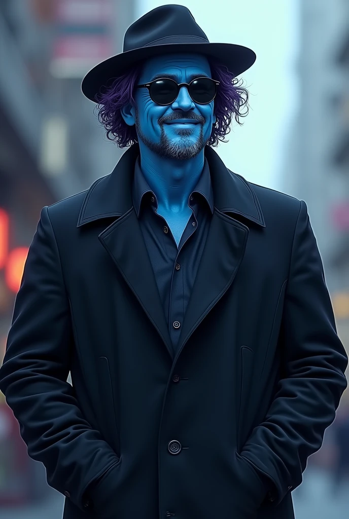 A man with blue skin, wearing round black sunglasses, wearing a black coat, wearing a black short hat, smiling all the time, likes to put his hands behind his back, 40 years old, short curly hair reaching the neck, black-purple. No mustache And a little plump 
