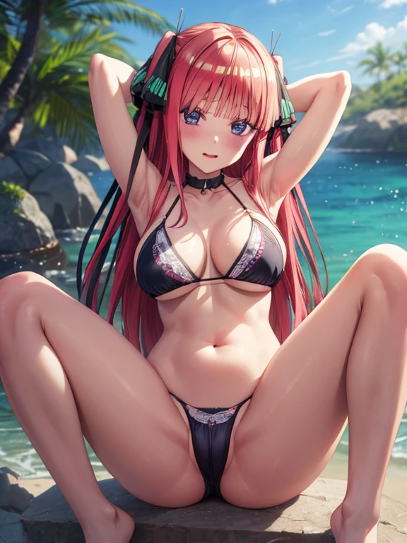 best quality, insanely detailed, nino nakano, breasts, blush, seaside background, looking at viewer, cheerful eyes, arousal, bikini tops, short Underwear, tankini, full body, spread legs
