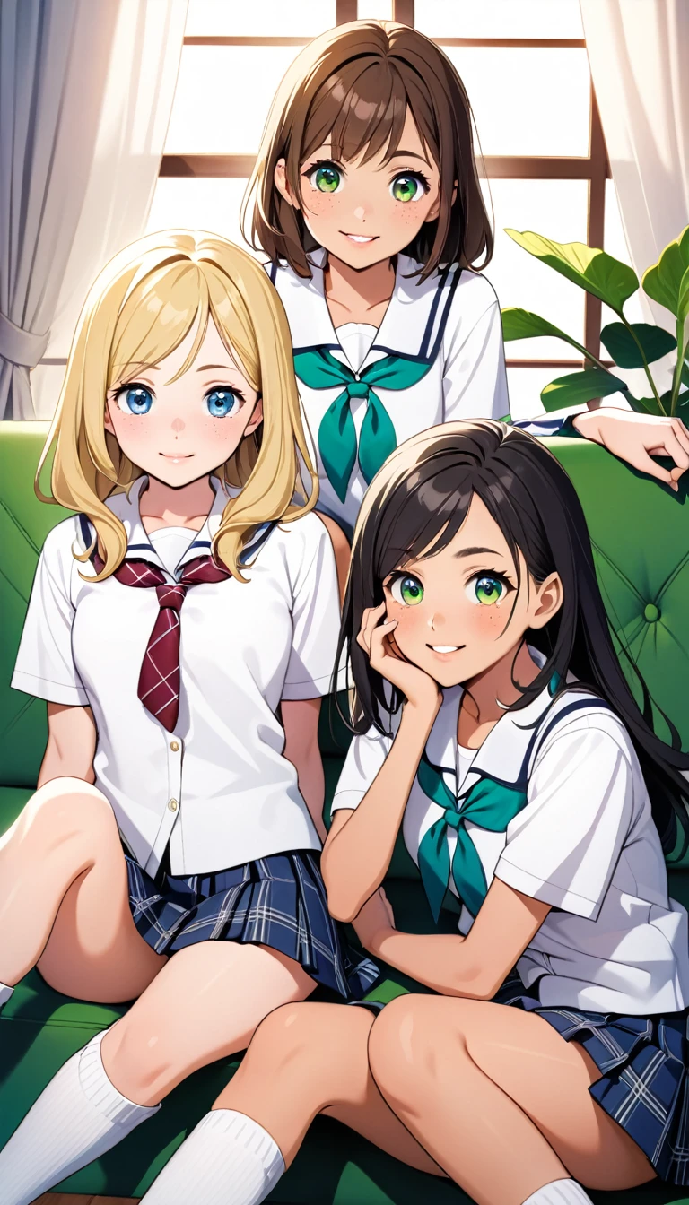 {
  "Full body and front view picture of three teenage girls, , sitting very close together on a green sofa in a cozy living room, one girl (Sofía) reaching out hesitantly towards the other, their faces full of curiosity and anticipation, camera_angle: {Full body, front view, focusing on their hands and faces}, outfit: {school uniforms with short plaid skirts, white blouses, knee-high socks, and black shoes}, physical_description: {First girl: Slim body, long straight black hair, large green eyes, thin arched eyebrows, small upturned nose, thin pink lips, very fair skin, sweet beautiful face with a warm smile. Second girl: Wavy brown hair, blue eyes, fair skin, a round face with full lips and freckles. Third girl: Short blonde hair, green eyes, light tan skin, athletic build, with a playful grin}, background: {Cozy living room with soft couches, warm afternoon light filtering through the curtains, creating a soft and intimate atmosphere}
}
