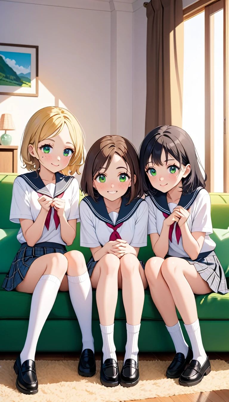 {
  "Full body and front view picture of three teenage girls, , sitting very close together on a green sofa in a cozy living room, one girl (Sofía) reaching out hesitantly towards the other, their faces full of curiosity and anticipation, camera_angle: {Full body, front view, focusing on their hands and faces}, outfit: {school uniforms with short plaid skirts, white blouses, knee-high socks, and black shoes}, physical_description: {First girl: Slim body, long straight black hair, large green eyes, thin arched eyebrows, small upturned nose, thin pink lips, very fair skin, sweet beautiful face with a warm smile. Second girl: Wavy brown hair, blue eyes, fair skin, a round face with full lips and freckles. Third girl: Short blonde hair, green eyes, light tan skin, athletic build, with a playful grin}, background: {Cozy living room with soft couches, warm afternoon light filtering through the curtains, creating a soft and intimate atmosphere}
}
