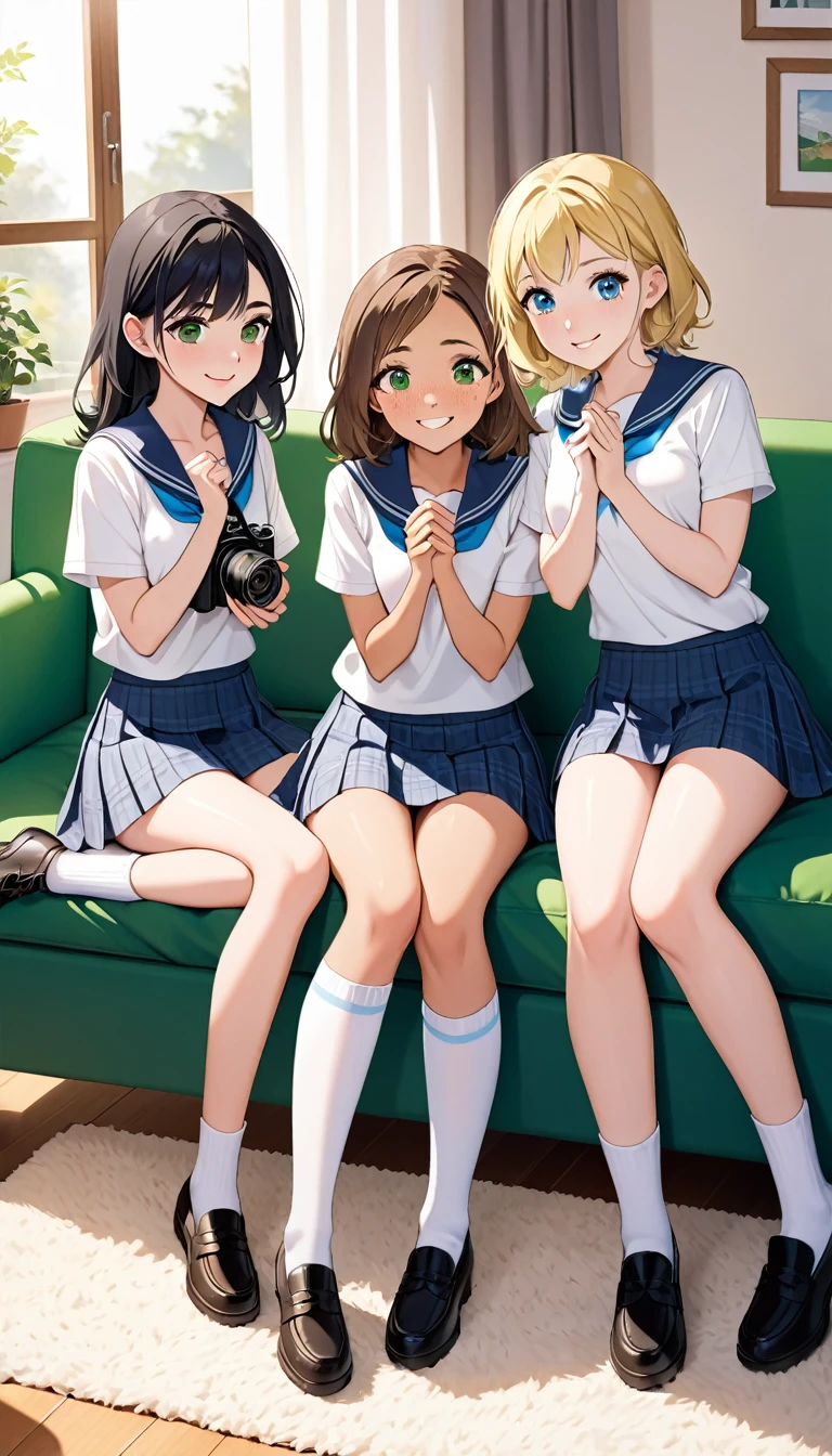 {
"Full body and front view picture of three age girls, , sitting very close together on a green sofa in a cozy living room, one girl (Sofía) reaching out hesitantly towards the other, their faces full of curiosity and anticipation, camera_angle: {Full body, front view, focusing on their hands and faces}, outfit: {school uniforms with short plaid skirts, white blouses, knee-high socks, and black shoes}, physical_description: {First girl: Slim body, long straight black hair, large green eyes, thin arched eyebrows, small upturned nose, thin pink lips, very fair skin, sweet beautiful face with a warm smile. Second girl: Wavy brown hair, blue eyes, fair skin, a round face with full lips and freckles. Third girl: Short blonde hair, green eyes, light tan skin, athletic build, with a playful grin}, background: {Cozy living room with soft couches, warm afternoon light filtering through the curtains, creating a soft and intimate atmosphere}
}