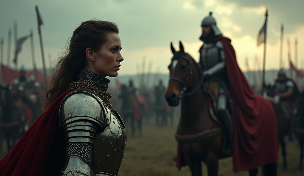 A cinematic and dark scene showcasing key figures such as Joan of Arc and Henry V, capturing the dramatic duality of heroism and betrayal. On one side, Joan of Arc stands resolute, her armor gleaming under a shadowy sky, her expression one of unwavering courage. On the opposite side, Henry V is depicted with a commanding presence on his warhorse, his face a mix of determination and strategic coldness. The backdrop is a tumultuous battlefield, highlighting the contrast between the noble bravery of Joan and the calculated nature of Henry's leadership. The image embodies the intense conflict and complex nature of their roles., Surrealism, Hyperrealism, UHD, retina, masterpiece, accurate, anatomically correct, textured skin, super detail, 16k