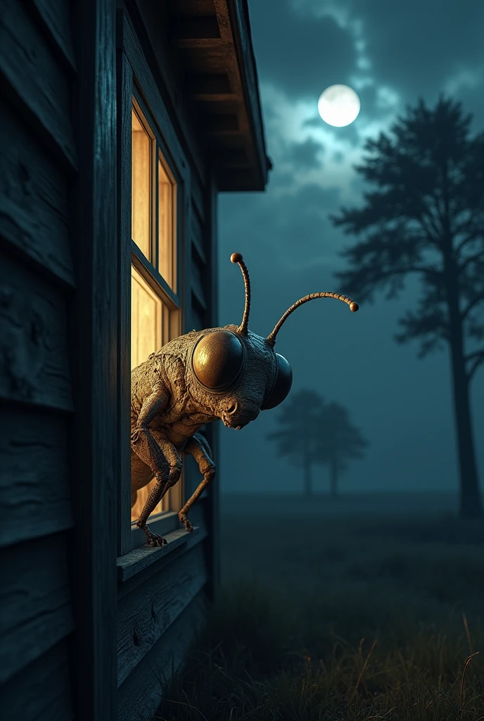 Alien insect looking through house window at night