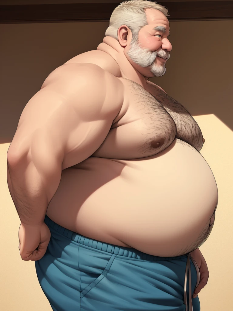 fat daddy, hot daddy, a smiling ((extremely fat, immobile, gigantic belly, obese old man, chubby, big fat, massive belly, massive fat, huge belly, bigger belly)), side view, detailed realistic portrait, 8k high resolution, topless, sumo physique, perfect center, full view, realistic skin texture, wrinkled face, short hair, huge belly, fat, wearing shorts, high detail, masterpiece, (best quality,4k,8k,highres,masterpiece:1.2),ultra-detailed