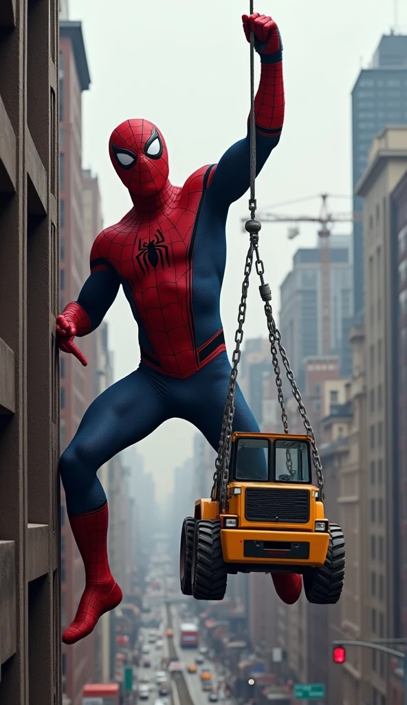 A highly realistic and humorous scene featuring Spiderman struggling to lift an excavator using his web. He is clinging to the side of a tall building with one hand, his body straining with the effort as he tries to hoist the heavy machinery into the air. The web is stretched taut, with the excavator dangling precariously, its massive weight causing Spiderman to visibly struggle. His expression is one of intense concentration and strain, almost cartoonishly exaggerated, adding to the comedic effect. The background includes the cityscape with towering buildings, and a few construction workers on the ground, looking up in surprise and disbelief. The scene captures the absurdity and humor of the moment, with Spiderman in a ridiculous yet heroic predicament, highly detailed, perfect fingers, no blurring