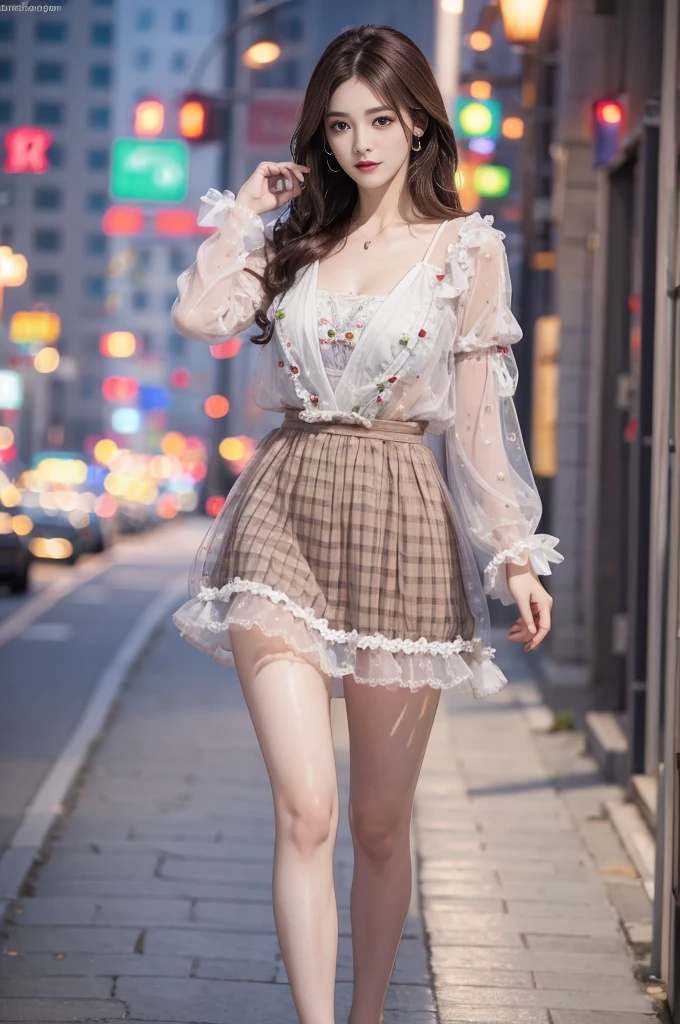 dress, bouffont dress, transparent long sleeves, daisies, cherry, ((Realistic lighting、Top quality、8K、masterpiece:1.3))、Be focused:1.2、1 girl、Perfect body:1.4、Slim、Full-body Esbian、((Dark brown hair、Large target:1.3))、(accelerate:1.4)、(outdoor、night:1.1)、street、face Slimming、big eyes、Double eyelids、Hair length、Swaying hair、Cleavage exposed、Combing your hair with your hands、Flutter、Fashion Model Poses、