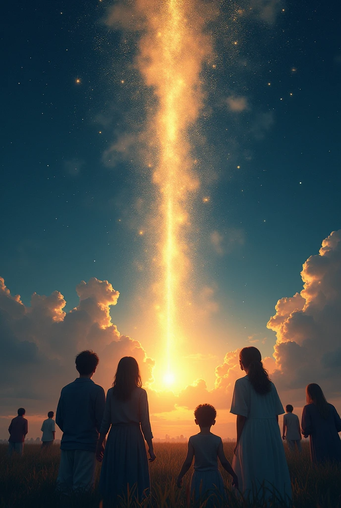 People looking at the sky full of stars and the sky opens up with a strong golden light