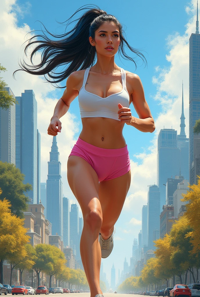1 girl, solo, running, naked, big boobs, big ass, pink shorts, ponytail, athletic build, dynamic brushstrokes, fluid movement, capturing the essence of her athleticism and energy, using light colors and soft tones to create a dreamy and ethereal atmosphere, portraying the motion and grace of running, showing the wind blowing her ponytail and clothes, and the scenery of her surroundings, mixing black and blue hair.
outdoors, detailed background, Modern metropolis,