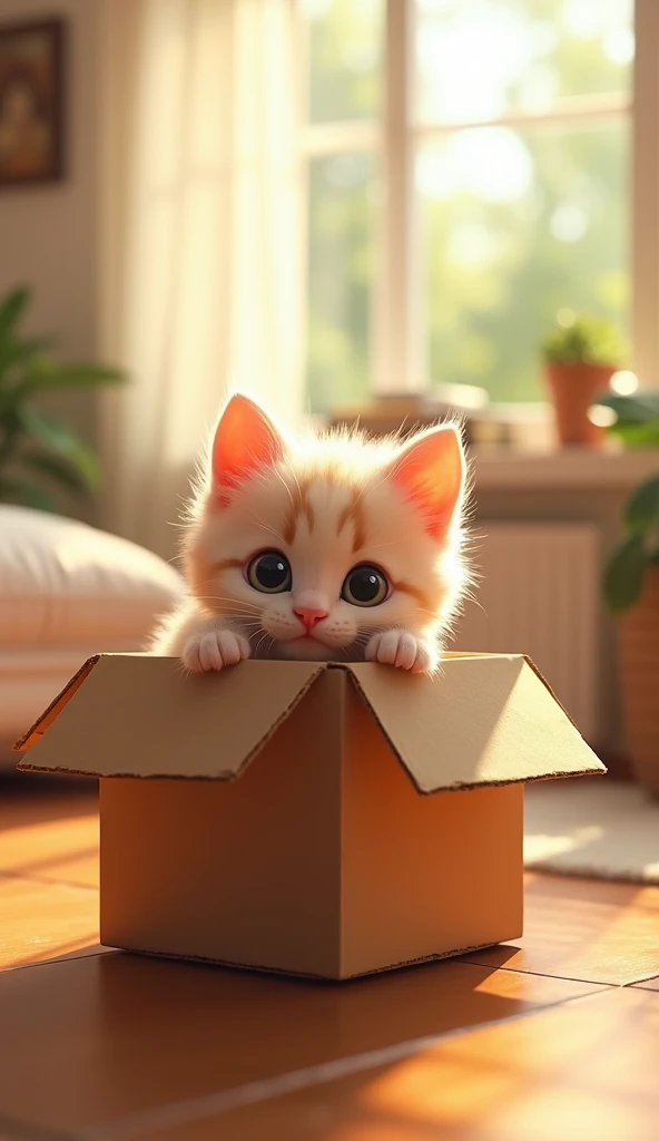 "A cute kitten peeking out from a cardboard box in a bright and cheerful living room. The kitten's little ears and eyes are visible, looking curious and playful."