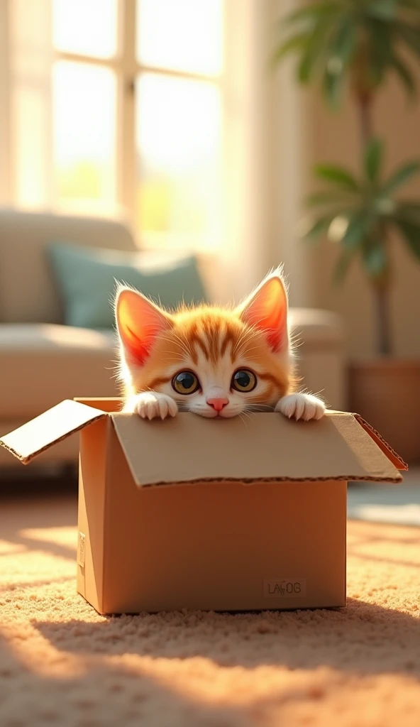 "A cute kitten peeking out from a cardboard box in a bright and cheerful living room. The kitten's little ears and eyes are visible, looking curious and playful."