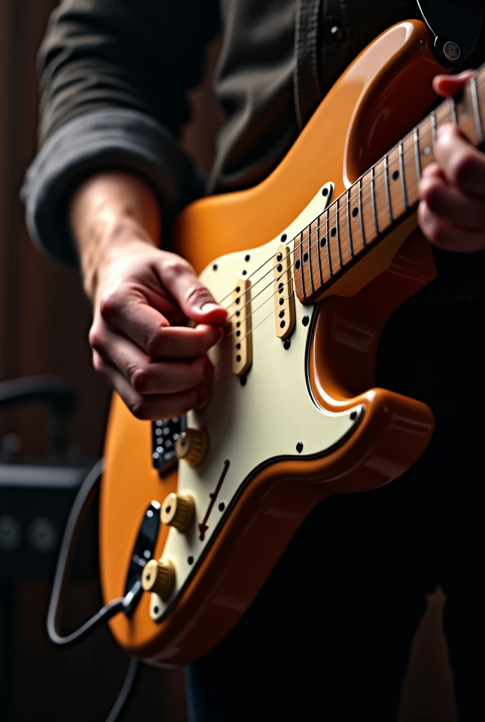 I want the focus on a Fender Stratocaster guitar, I just want to focus on the body of the guitar, facing the front, with a Guitarist but I want the image of just the hands playing, the guitarist is standing.