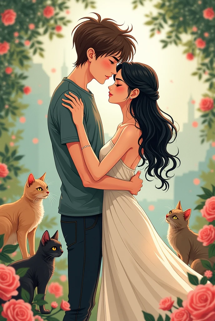 The painting of the kiss but with a tall, skinny, white, brown-haired boy, a white girl with black hair and thick lips and cats anime style