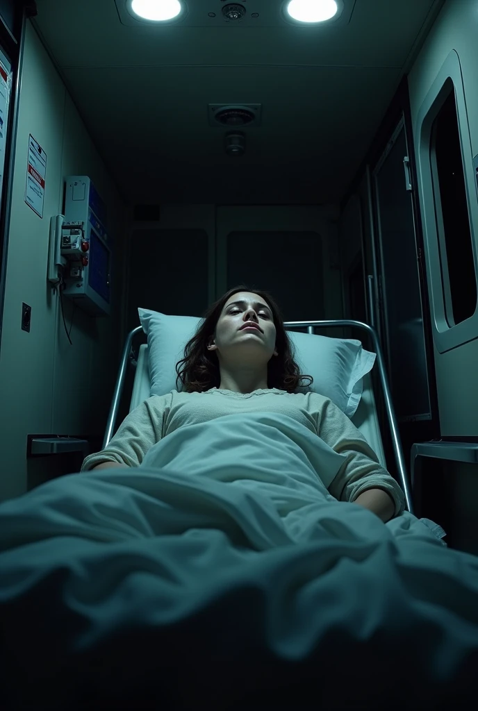 Dark image of a young woman in an ambulance 