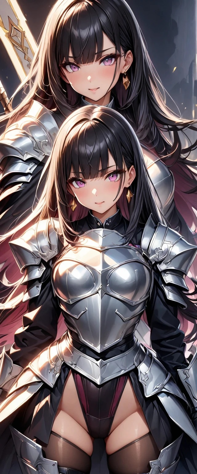 (Perfect Anatomy)、Mastepiece、Ultra High Quality、 8k、masterpiece、Highest quality、Ultra-high resolution、Maximum resolution、Very detailed、Professional Lighting、anime、Adult female、thin、so beautiful、Highly detailed eye、Highly detailed face、Golden earrings、Black Hair,、Pink eyes, , Braiding、Straight bangs、Black shiny tights、Blue full plate armor、Long sword、Random Action Pose