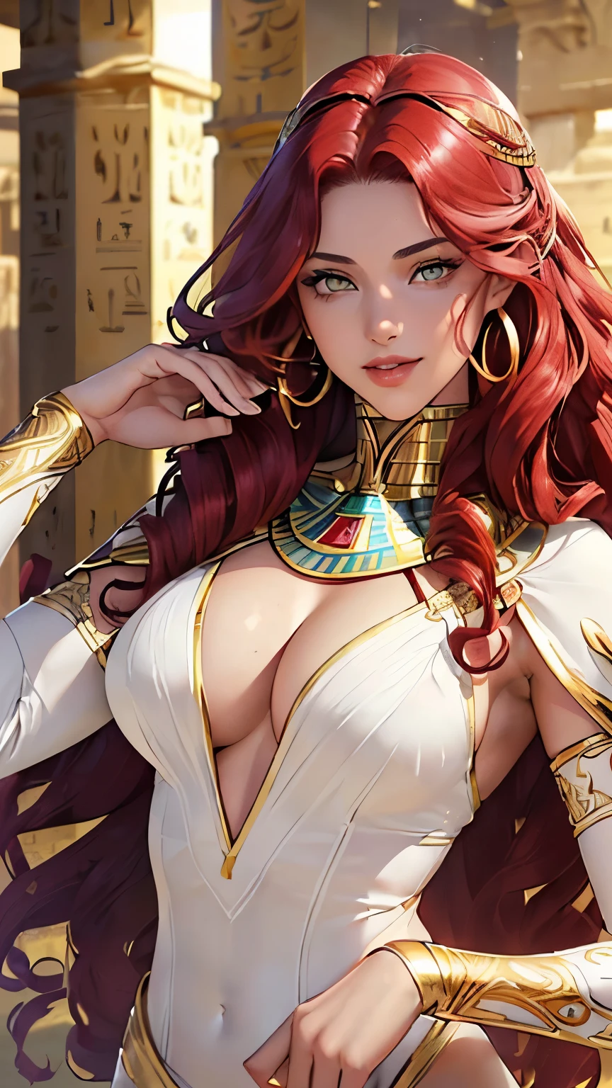(Best Quality,ultra detailed,photorealistic:1.37),Girl, Alone, by the wide, looking at the viewer,, white skin ((gold eyes, big chest:1.5, wine red hair, long curly hair, yellow eyes, white egyptian battle clothes , exercised body, Beautiful lips, seductive eyes,bright lips, egyptian clothing , serious smile, cheek resting on hand