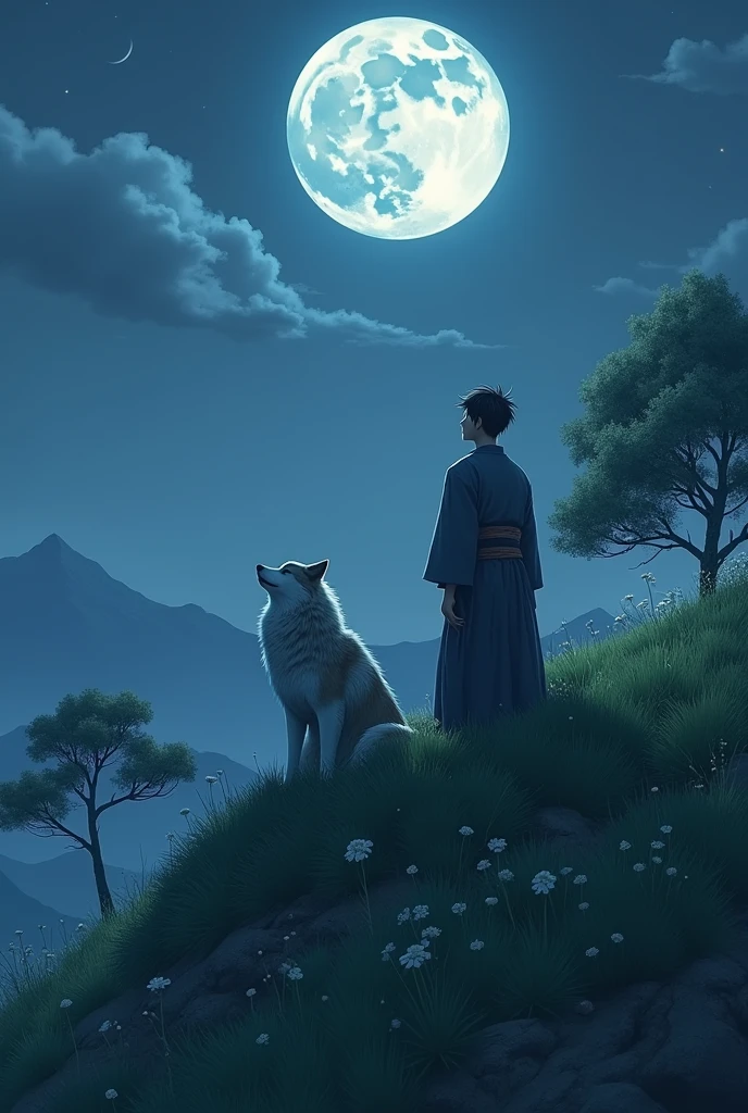 Young Japanese man and wolf watching full moon on top of a hill