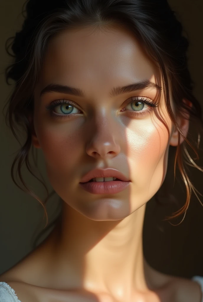a beautiful woman with flawless skin, piercing eyes, full lips, delicate facial features, elegant hairstyle,blue light eyes, serene expression, masterpiece portrait, highly detailed, photorealistic, 8k, HDR, dramatic lighting, cinematic composition, warm color palette, oil painting aesthetic, classical Renaissance style, chiaroscuro lighting effect, timeless beauty
