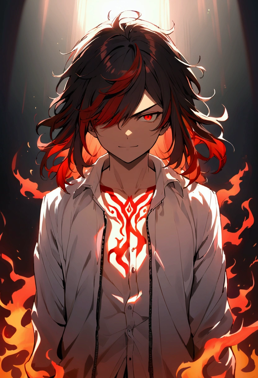 teenage boy, tidy hair, medium length hair, multicolored black and red hair, long bangs covering the left eye, Eyes red, serious face, simple smile, white shirt, school blue jacket, red tattoos on the body, fiery aura.