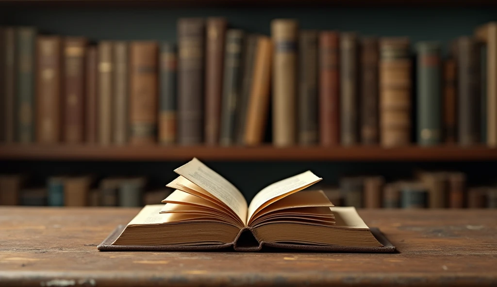 Retro Desk,Library Background,There is a row of old books on the table, and a miniature BOOK NOOK model is sandwiched between the books.