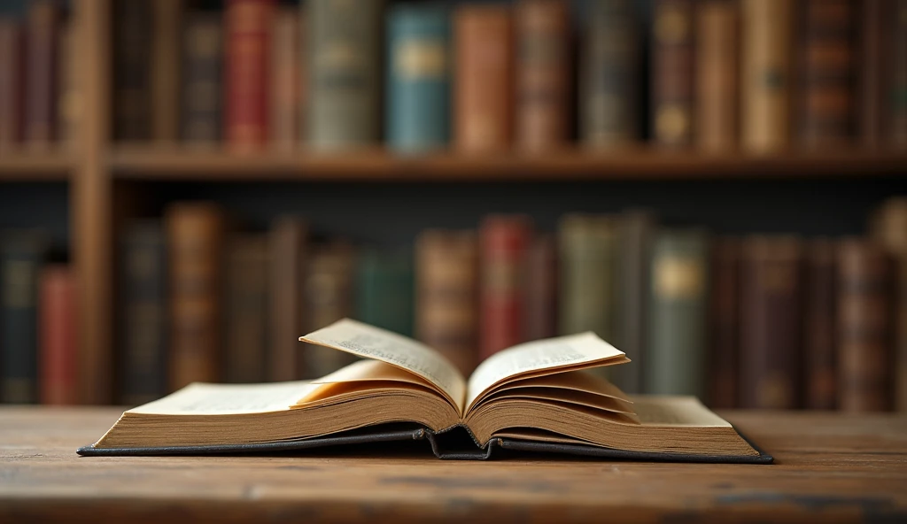 Retro Desk，Library Background，There is a row of old books on the table, and a miniature BOOK NOOK model is sandwiched between the books.
