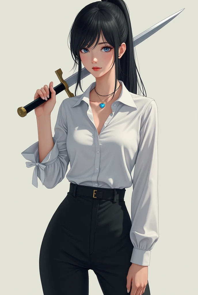 girl, clear skin, light pink lips, dark blue eyes, waist length straight black hair in a ponytail, a white shirt, Black pants, he would be, a blue heart necklace, slim, with a dagger in his right hand