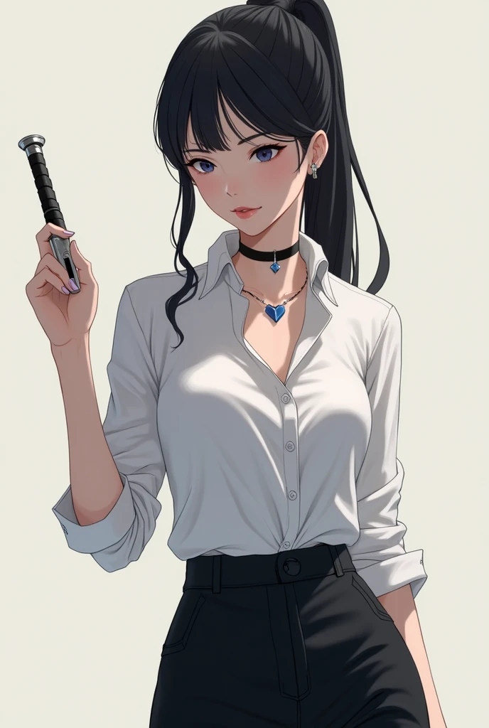 girl, clear skin, light pink lips, dark blue eyes, waist length straight black hair in a ponytail, a white shirt, Black pants, he would be, a blue heart necklace, slim, with a dagger in his right hand
